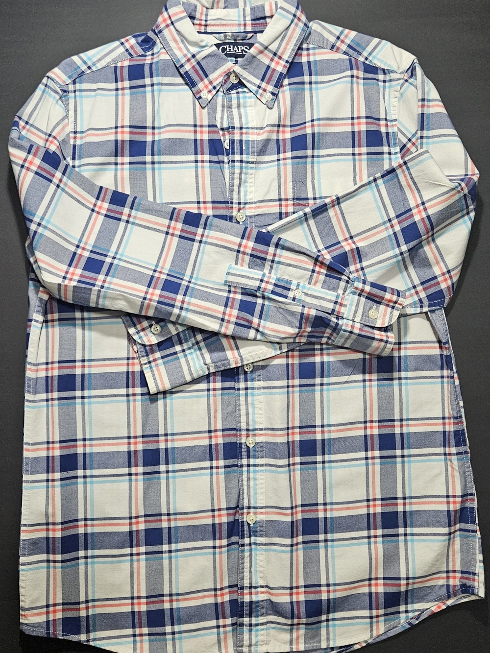Chaps Men's Stretch Oxford Plaid Button Down Shirt Size Medium Blue Red